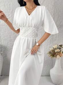 Modelyn Vestidos largos de noche unicolor y cuello en V sencillo para uso diario de damas - Blanco - Ver 3