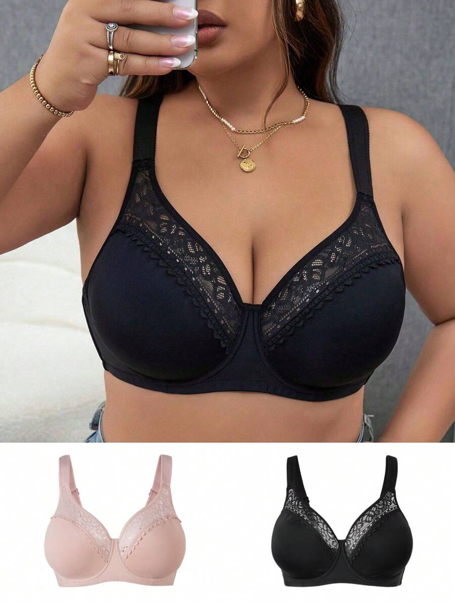 2pcs/Set Plus Size Lace Spliced Bra With Underwire - Multicolor - View 1