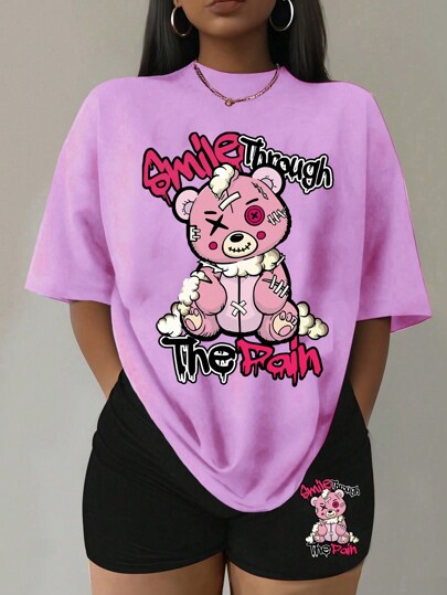 Teen Girl Youth Pink Patchwork Teddy Bear Street Style