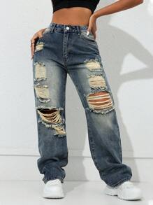 Y2K 嘉年华街紫色高腰侧袋直筒牛仔裤 - 藏蓝色 - 查看 5