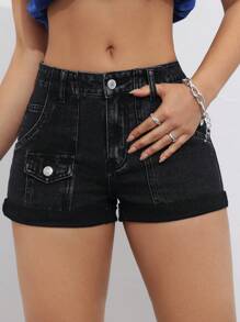 SHEIN EZwear 女性夏季休閒牛仔短褲，口袋設計 - 黑色 - 查看 5