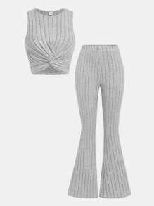 SHEIN Girlism Conjunto de ropa casual para adolescentes con blusa de tirantes gris con estampado de flores y pantalones acampanados en dos piezas - Gris - Ver 3