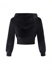 SHEIN Áo khoác hoodie ngắn in họa tiết đá pha lê nhung cho bé gái, thời trang đa năng - màu đen - Xem 2