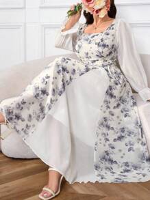 Modelyn Plus Size Square Neck Floral Printed Elegant Long Sleeve Dress, Dress For Beach, Party, Summer, Casual, Vacation And Dating - Apricot - View 4