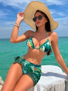 SHEIN Swim Ladies' Random Printed Simple Daily Bikini Set Summer - Green - View 1