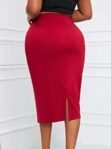 SHEIN Lady Plus Size Women's Business Professional Red Bowknot Belt Bodycon Skirt Going Out Outfits - Red - View 4