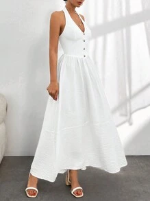 RueChic Women's Plain White Button Front Halter Backless A-Line Dress With Waist Cinched