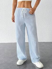 SHEIN PETITE Striped Women's Linen Low Rise Pants, Summer Vacation - Blue and White - View 7