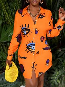 Slaydiva Street Style Vacation Summer Full Print Button Front Asymmetrical Hem Loose Shirt Dress