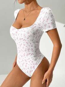 SHEIN EZwear 夏季淺口花卉方領短袖女式連體衣 - 粉色 - 查看 3