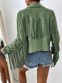 Chiquease 女士實色流蘇休閒日常長袖外套 - 綠色 - 查看 2