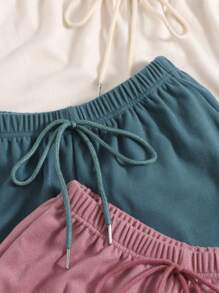 3 piezas Pantalones cortos casuales de mujer de unicolor con cordón - Multicolor - Ver 5