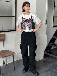 FRIFUL Ladies' Solid Color Simple Daily Wear Lace Bowknot Tie Back Tank Top - Black - View 2