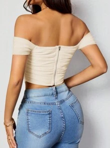 SHEIN PETITE Camiseta de hombros descubiertos simple y sencilla para uso diario de mujer - Albaricoque - Ver 2