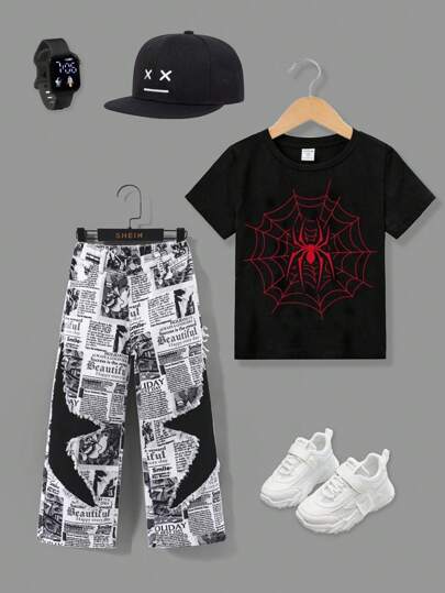 SHEIN Vaqueros denim holgados de periódico para niño joven con diseño de estrellas negras empalmadas de moda casual para vacaciones y uso diario