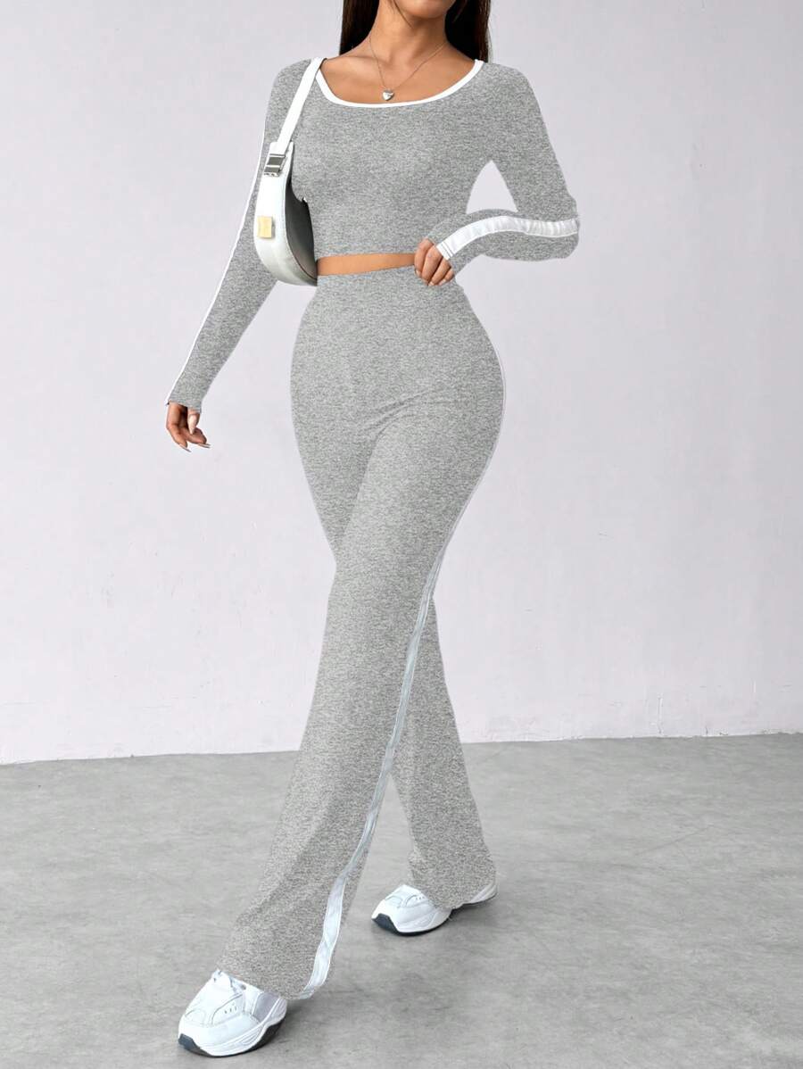 SHEIN Unity 女士彩色拼接修邊圓領長袖上衣和褲子休閒套裝 - 灰色 - 查看 1