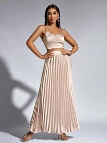 Zolique Top tipo cami sólido plisado y falda plisada para fiesta de cena - Albaricoque - Ver 4