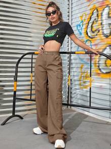 SHEIN EZwear Women's Summer Zipper Fly Flap Pocket Cargo Jeans