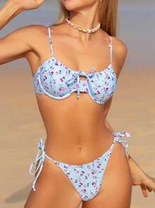 Swim Mod Bộ Bikini In Hoa Khung Thép Đi Biển Mùa Hè Cho Nữ Với Chi Tiết Nút Thắt Và Dây Đeo Spaghetti Có Thể Điều Chỉnh, In Ngẫu Nhiên - Nhiều màu - Xem 4