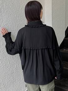 FRIFUL Women's Solid Color Front Buttoned Loose Fit Shirt With Flounced Hem, Perfect For Daily Casual Wear,Ruffle Long Sleeve Top - Black - View 7