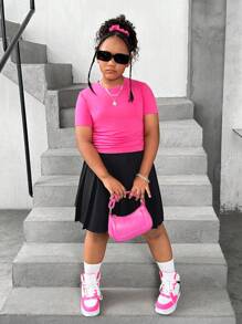 SHEIN Saia curta plissada casual e simples para garotas pré-adolescentes em tamanho estendido