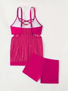 SHEIN Swim Tankini dây mảnh màu hồng nóng bỏng phong cách nghỉ dưỡng cho nữ kèm quần bơi mùa hè - Màu Hồng Tươi - Xem 2