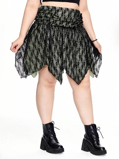 Fairycore Plus Size Asymmetric Hem Lace Retro Skirt