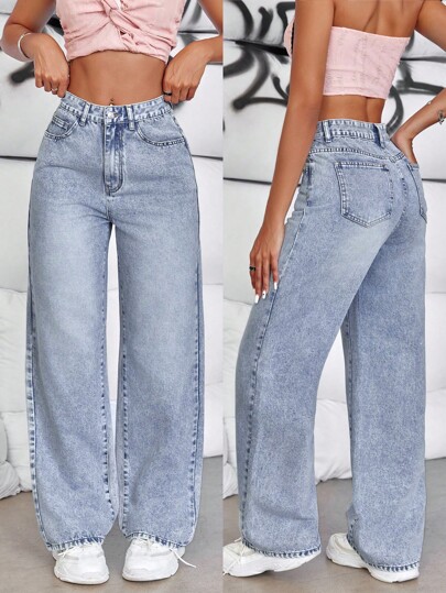 SHEIN Tall Lässige Damen Denim mit geradem Bein und Taschen, gewaschener Denim