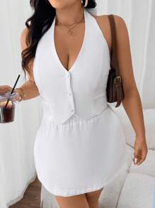 SHEIN Frenchy Kích thước lớn Tận hưởng kỳ nghỉ hè năm 2024 bằng cách mua bộ đồ hai mảnh vải lanh này, nó vừa vặn hoàn hảo và kiểu dáng hở lưng cho phép bạn khoe làn da rám nắng ngày lễ của mình. Kết hợp với váy lanh để có cảm giác thoải mái trong mùa hè. Bộ đồ vải lanh, Bộ váy hai mảnh, Trang phục mùa hè cho phụ nữ, Hai mảnh, Áo khoác trắng, Áo vest vải lanh - trắng - Xem 7