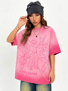 SHEIN EZwear Camiseta de punto pesado para mujer con cuello redondo y hombros caídos con impresión de personaje de dibujos animados de verano