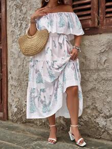 SHEIN Clasi Váy lệch vai in ngẫu nhiên dành cho nữ có kích thước lớn - màu xanh lá - Xem 3