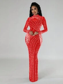 Women's Sheer Mesh LongSleeve Prom Dress StandCollar Contrast SequinRhinestone Long Party DressHigh Stretch Pencil HemRed Silver RhinestonePearl Fringe, High-NeckLong-Sleeve Mermaid Dress,Autumn/Winter ChristmasParty Luxury Gown - Red - View 3