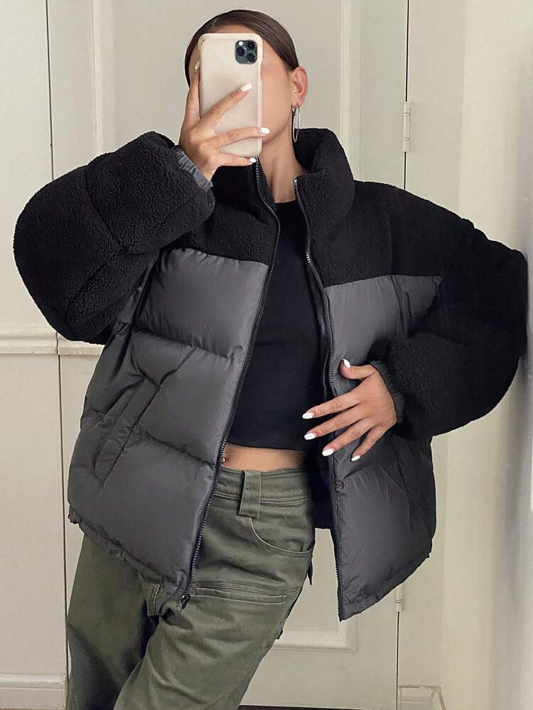 Women's Loose Fit Woolen Coat With Contrast Stand Collar And Long Sleeves, Winter Women Clothes, Padded Coat Women Jacket