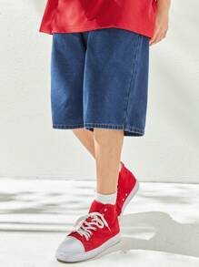 Claim Dot Quần short denim nam màu trơn có túi chéo rộng thùng thình dài trơn màu xanh đậm - Rửa trung bình - Xem 5
