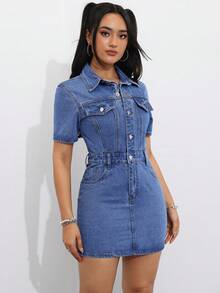 SHEIN EZwear Vestido vaquero con bolsillos de solapa y botones frontales para verano - Lavado ligero - Ver 4