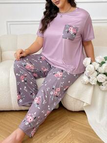 Bộ đồ ngủ tay ngắn in hoa cỡ lớn và quần dài cổ tròn, trang phục - Màu tím - Xem 3