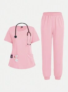 TaskEZ 女士 Scrubs Niaahinn Scrubs 女士套装 护士服套装 上衣和慢跑裤 工作短袖套装 V 领设计 4 个口袋 - 粉色 - 查看 1