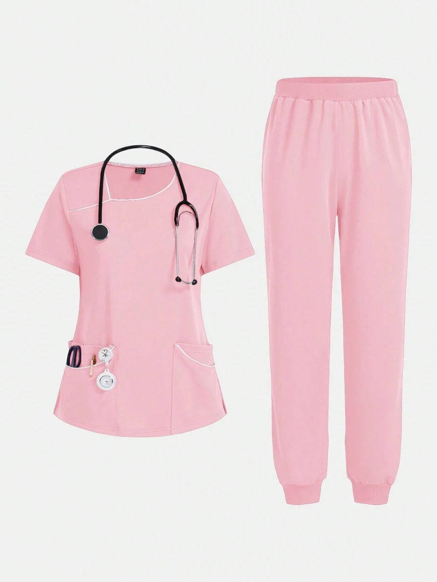 TaskEZ 女士 Scrubs Niaahinn Scrubs 女士套装 护士服套装 上衣和慢跑裤 工作短袖套装 V 领设计 4 个口袋 - 粉色 - 查看 1