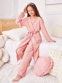 3pcs Girls Pajama Set: Loose Long Sleeve Robe, Cami Top & Wide Leg Pants, Pink - Pink - View 5