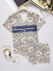 Floral Printed Silk-Like Short Sleeve Pajama Set With Open Front Top And Shorts - Apricot - View 1