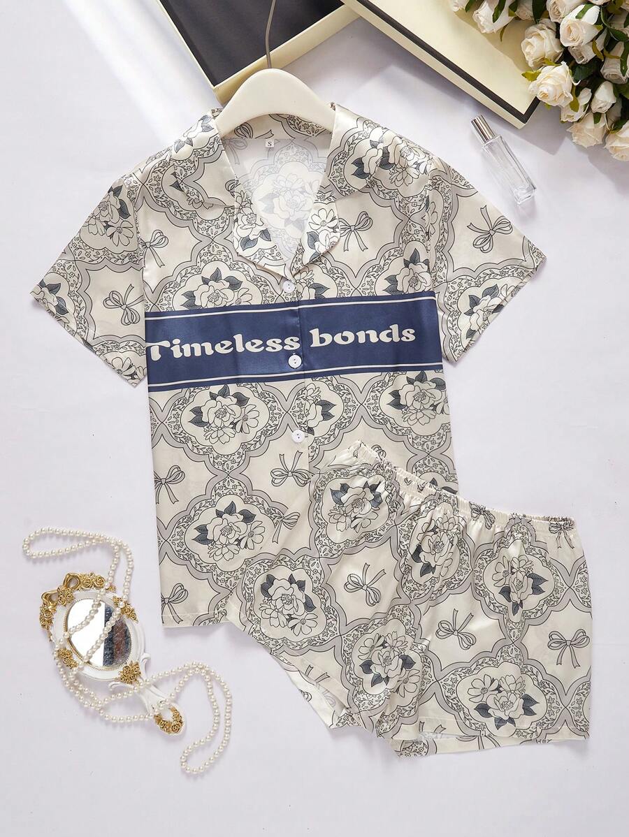 Floral Printed Silk-Like Short Sleeve Pajama Set With Open Front Top And Shorts - Apricot - View 1