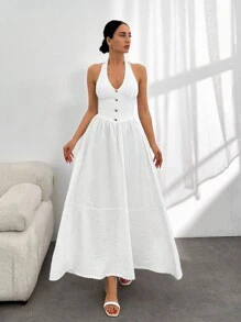 RueChic Women's Plain White Button Front Halter Backless A-Line Dress With Waist Cinched