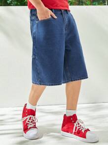 Claim Dot Quần short denim nam màu trơn có túi chéo rộng thùng thình dài trơn màu xanh đậm - Rửa trung bình - Xem 3