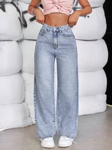 SHEIN Tall Women's Casual Straight Leg Jeans With Pockets, Washed Denim - Light Wash - View 5