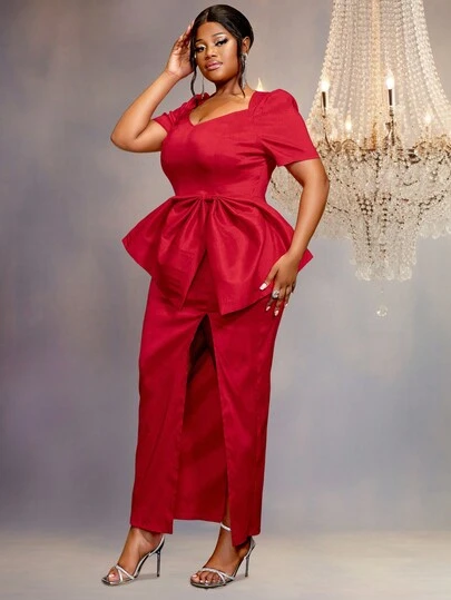 Red Square V-Neck Short Sleeve Dress With Bow Tie