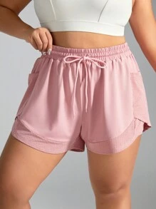 SHEIN Sports Quần short thể thao lưới chắp vá màu trơn cỡ lớn mùa hè thường ngày - Bụi hồng - Xem 3