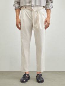 Manfinity VCAY Linen Men's Woven Leisure Long Straight Pants, Mid-Waist, Summer, Suitable For Daily Wear - Apricot - View 2
