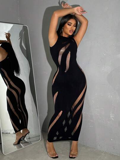 VaVaBold Vestido largo de mujer de verano de unicolor, escote redondo, corte slim y sexy con malla y agujeros desgastados