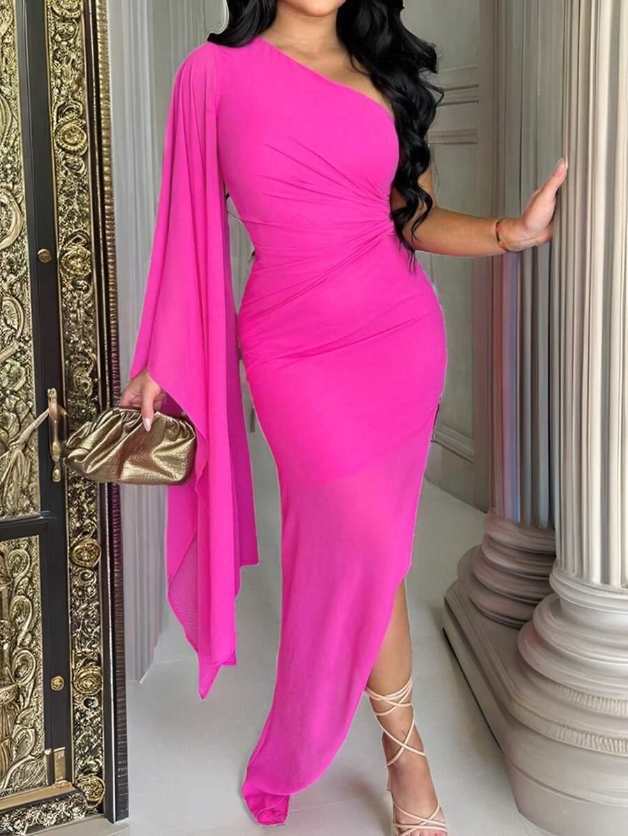 SHEIN SXY Fall Clothes  Women's Solid Color Pleated Asymmetric Neckline Elegant Dress - Hot Pink - View 1