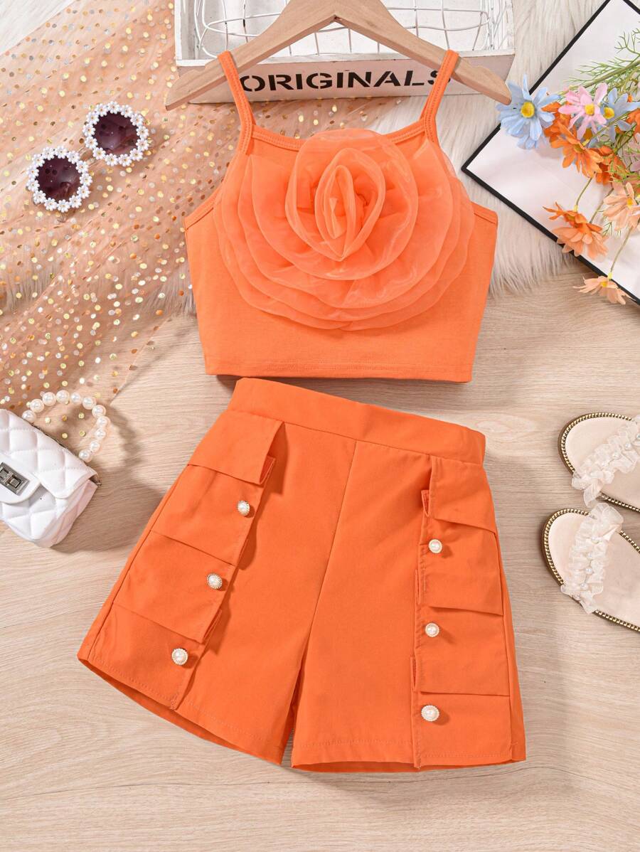 SHEIN Tween Girls' Fashionable 2pcs Set: Pink 3D Flower Cami Top & White Shorts - Orange - View 1